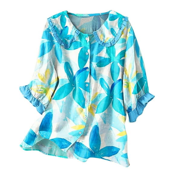Jxximdong Button-up Shirts for Women Women Vintage Floral Art Print Collar Half Sleeve Blouses Spring Tops