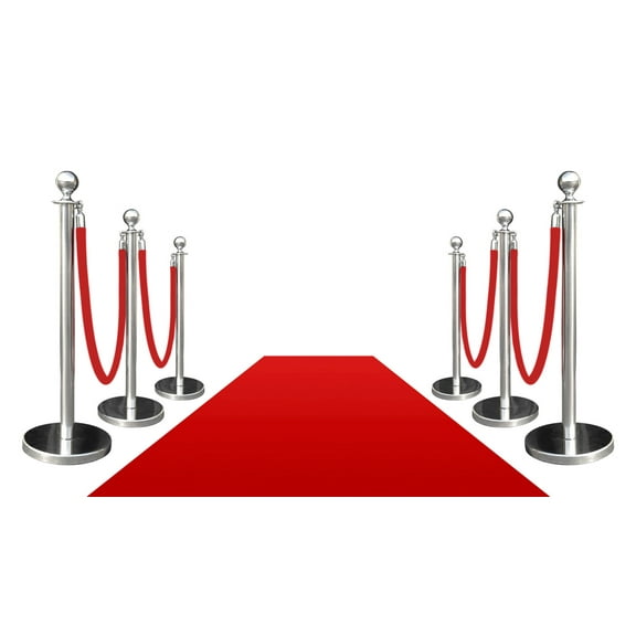 VIP Crowd Control, 6 Mirror Crown Rope Stanchions   4 Red Velour Ropes   1 pc of 3' x 10' Red Carpet