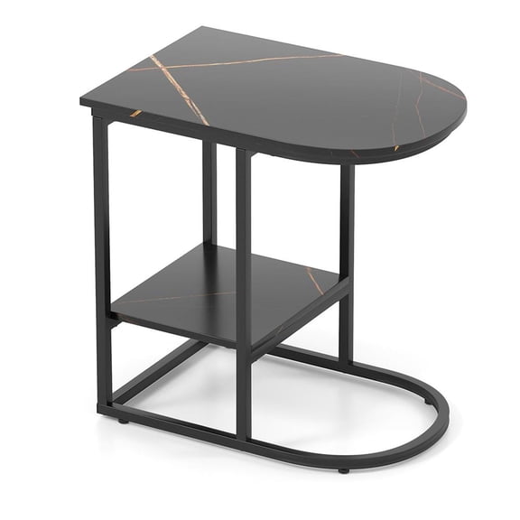 Topcobe C-Shaped Modern Sofa Side Table With Faux Marble Tabletop and Storage Shelf, End Tables Living Room, Modern Furniture for Home-Black
