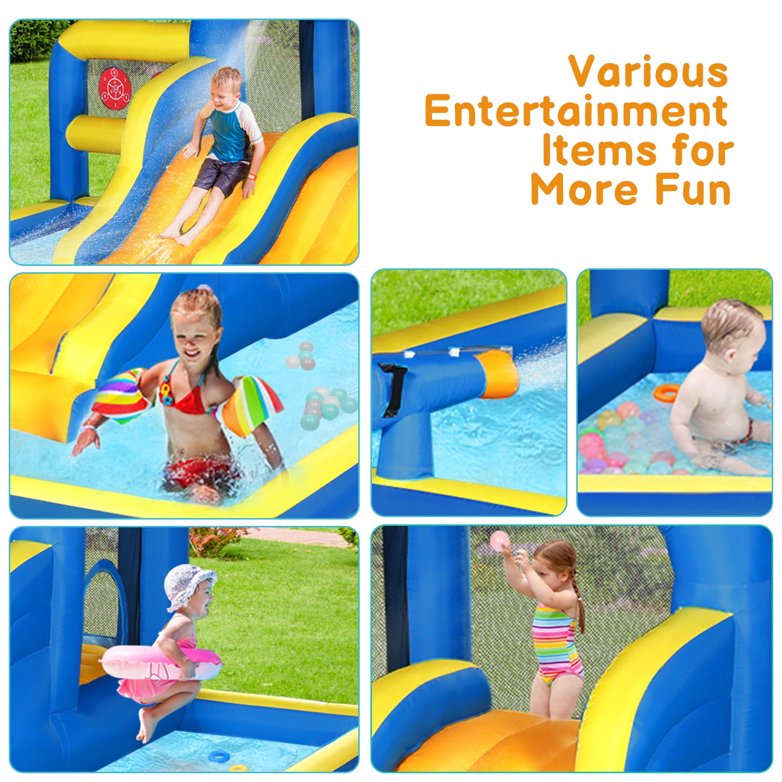 Ktaxon 7-in-1 Inflatable Water Slide Bounce House with Blower, Dual Slides Water Park, Bounce Area & Basketball Hoop for Kids Backyard