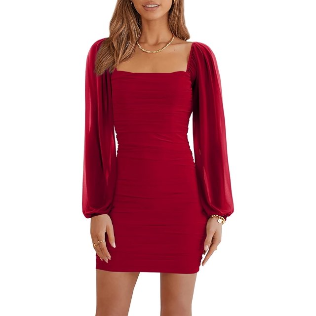HAHDAXIA Robe Moulante Mini à Manches Longues en Maille pour Femmes, Col Carré Froncé, Soirée Club