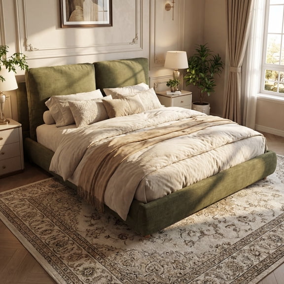 Christopher Knight Home Queen Upholstered Bed Frame with Removable Pillow Headboard, Olive Green