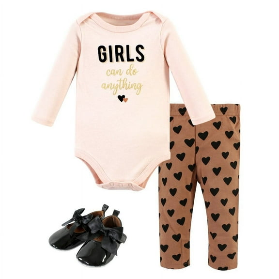 Hudson Baby Infant Girl Cotton Bodysuit, Pant and Shoe Set, Cinnamon Hearts Long Sleeve, Newborn