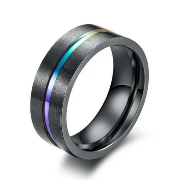 8mm Men Black Stainless Steel Ring Thin Rainbow Line Wedding Band Male Jewellery