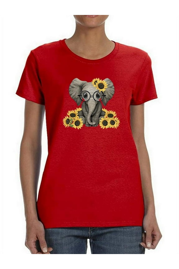 Cute Elephant And Sunflowers Women T-Shirt, Female Medium