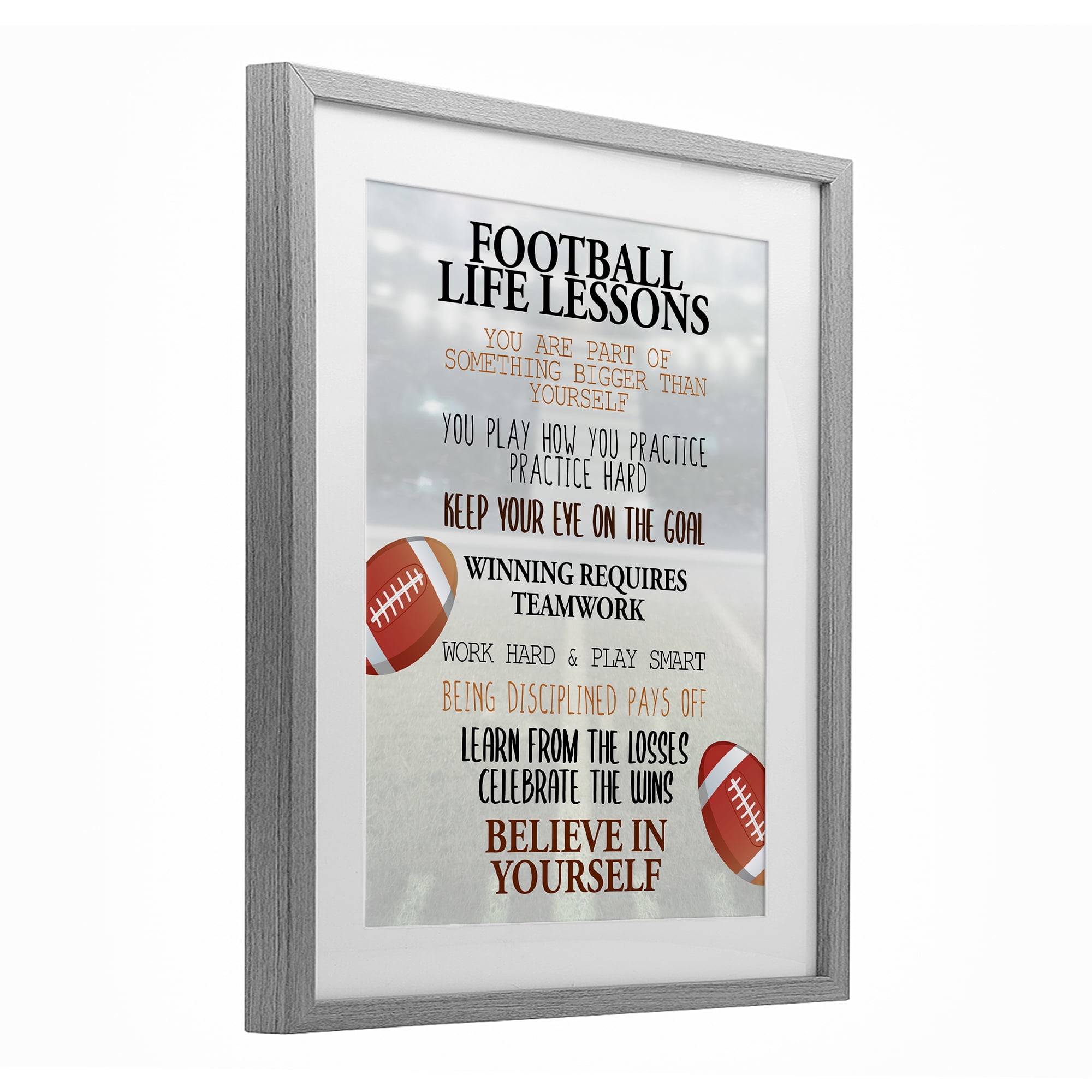 Football Life Lessons Gray Framed Print Under Glass, design by Kim Allen