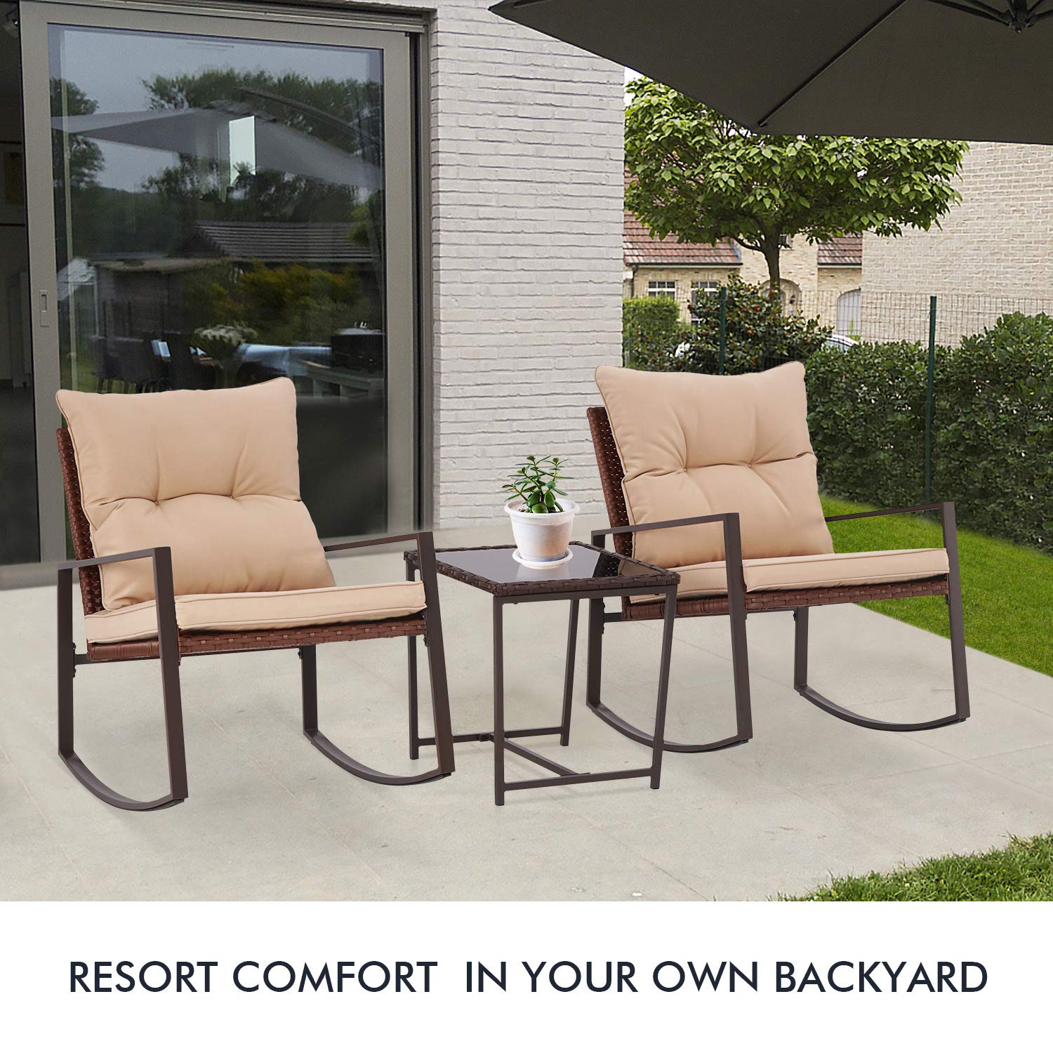 SUNCROWN 3 Piece Outdoor Bistro Set Patio Rocking Chair Brown Wicker Chairs with Brown Cushion and Glass-Top Table - image 2 of 7