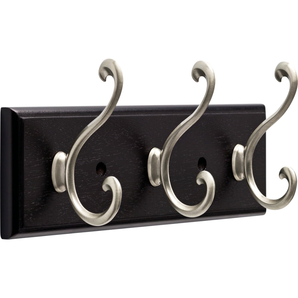 Mainstays 10" Wall Mounted Coat Rack w/ 3 Hooks, Black & Satin Nickel