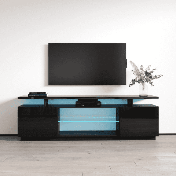 Eva-K TV Stand for TVs up to 80", Modern High Gloss 71" Entertainment Center, TV Media Console with Storage Cabinets and LED Lights