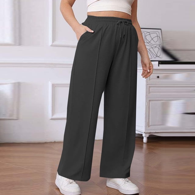Pincandy Women's Plus Size Solid Color Elastic Waist Drawstring Sports Pants with Pockets, Comfortable & Stylish, Daily & Party Wear