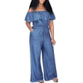 thumbnail image 4 of KEUSN Plus Size Women's Solid Wide Leg Off Shoulder Denim Jumpsuits, 4 of 7