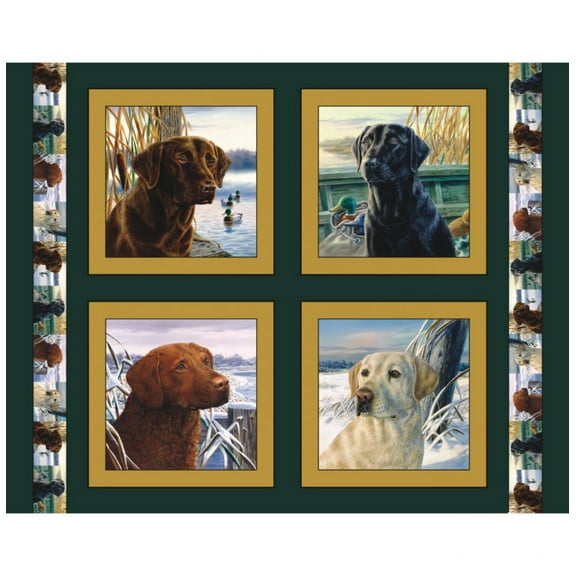 Retrievers Dog Hunter Green Pillow Panel Digital Cotton Fabric