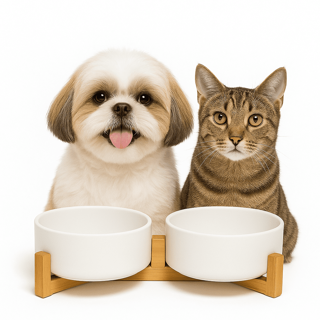 Ceramic Dog and Cat Bowl Set with Bamboo Stand, 13.5oz Tilted Non-Slip Elevated Pet Feeder for Small Dogs & Cats, Dishwasher Safe Food and Water Bowls