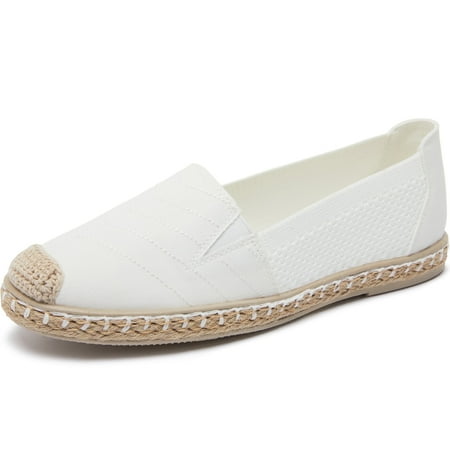 AOMAIS Women Espadrille Flats Mesh Knitted Shallow Slip Ons Comfy Breathable Canvas loafers Casual Daily Walking Shoes for Lady(White US11)