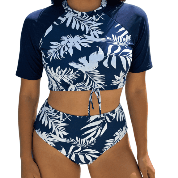 ITAWES Women's Two Piece Rash Guard Swimsuit, Short Sleeve Crop Top & High Cut Bikini Bottom, Sun Protection Swimwear