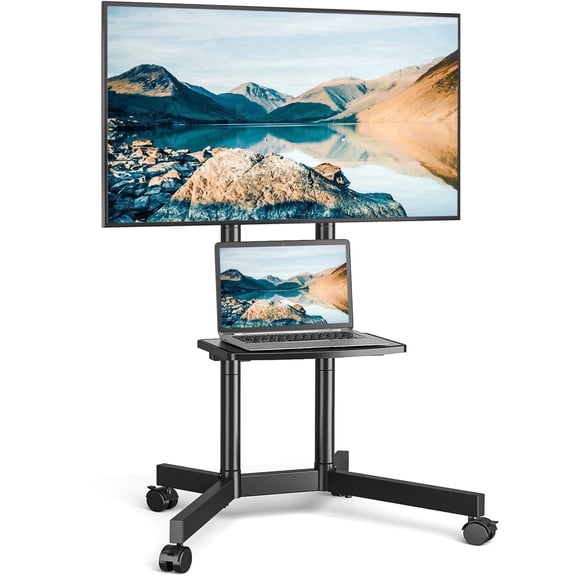 RTVR Rolling Mobile TV Cart Stand on Wheels for 32 to 75 inch Flat Curved Screens, Portable Movable TV Stand with Shelf, Modern Black