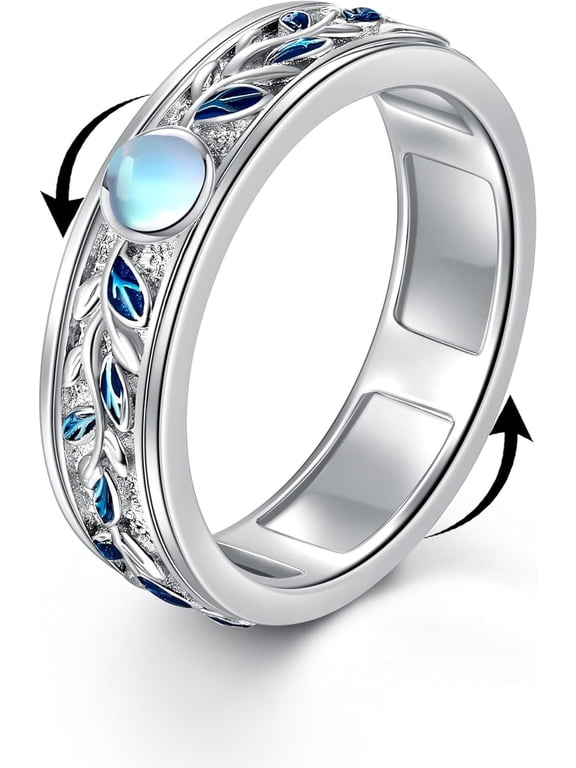 VONALA Moonstone Fidget Anxiety Rings 925 Sterling Silver Leaf Ring for Women Worry Vine Spinner Rings Anti Stress Mood Jewelry Gifts Band Wide 6-10#