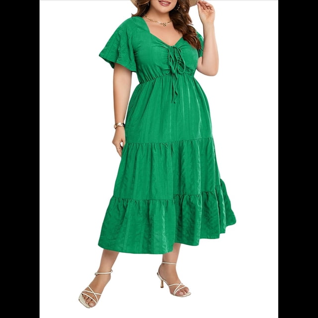Vestido Bohemio de Talla Grande para Mujer, Verano 2025, Midi, , Corta, Escote Corazón, Cintura Elástica Verde 5XL