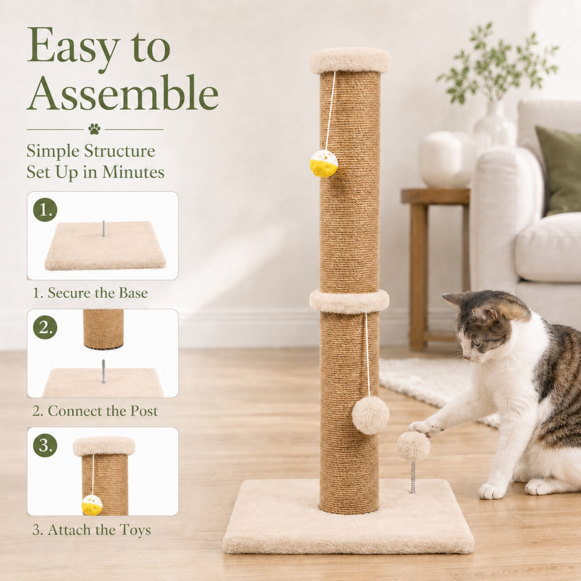 PELUOMOZ Cat Scratching Post, 36 in Beige Sisal Scratch Tower with Stable Base and Interactive Toy
