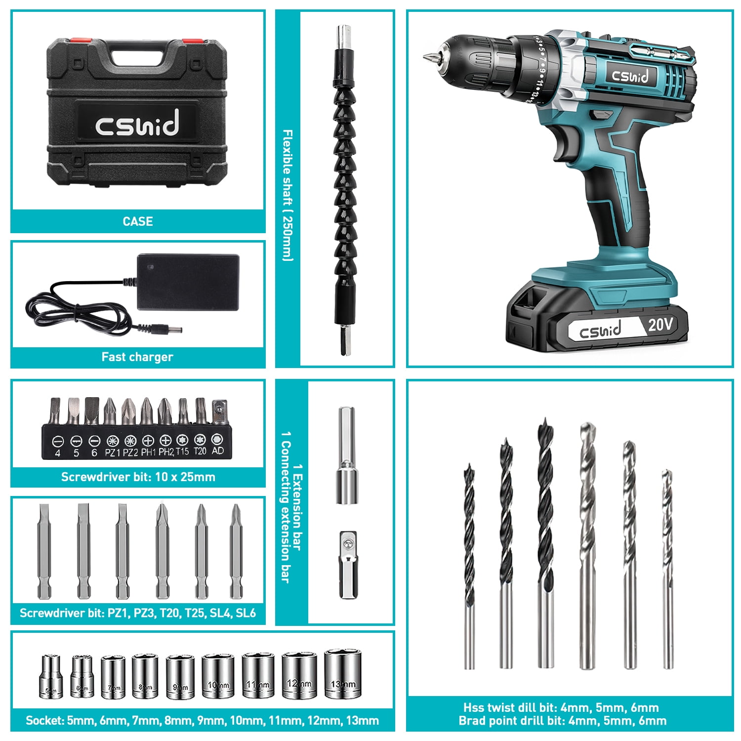 Cshidworld 20V Cordless Power Drill Set, Drill Kit with 1 Lithium-Ion & Charger, 3/8" Keyless Chuck, Electric Drill W/ 2 Variable Speed & LED Light, 25+1 Position and 34pcs Drill/Driver Bits(Blue)