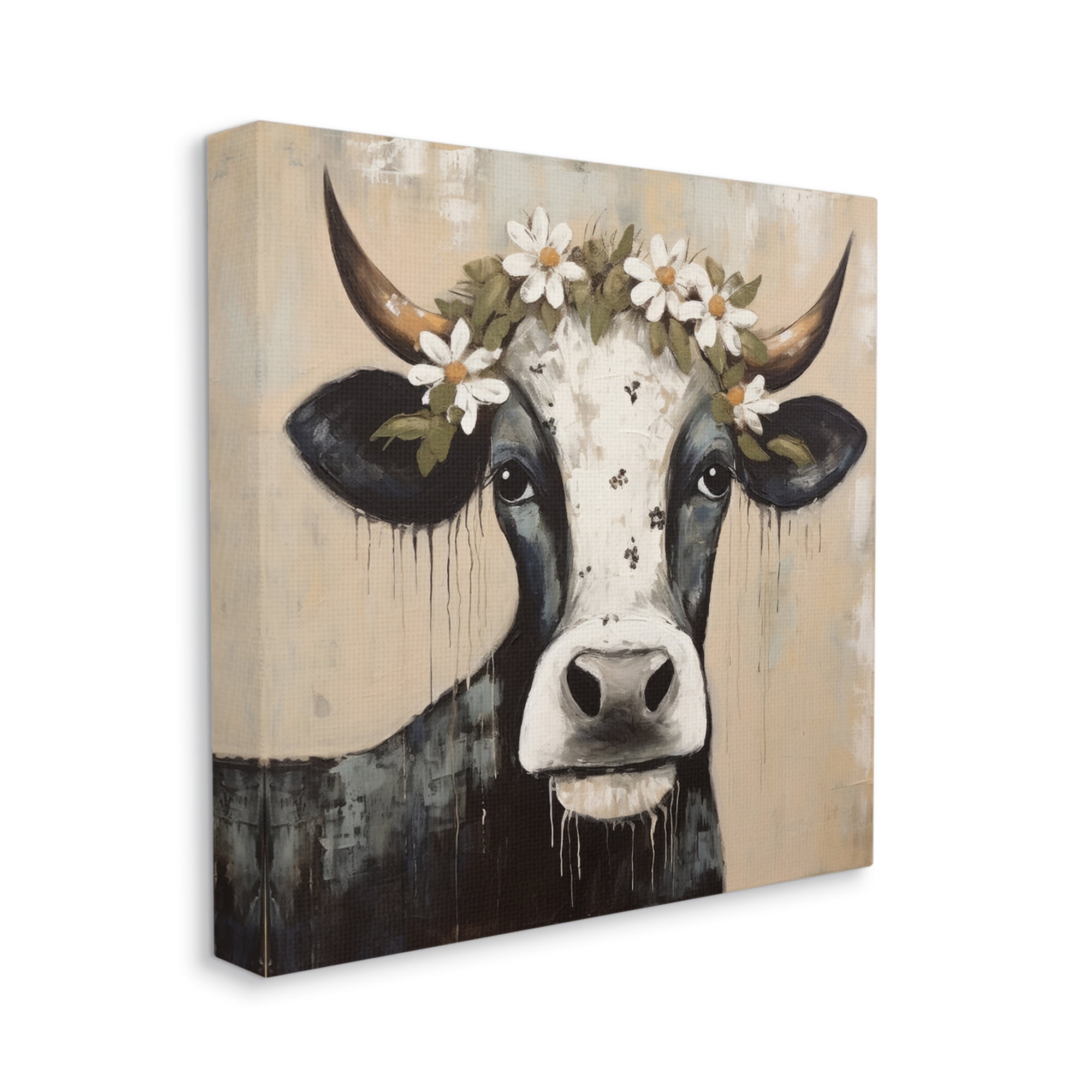 Stupell Industries Black Cow & Daisy Crown Animals & Insects Painting Gallery Wrapped Canvas Art Print Wall Art, 17 x 17