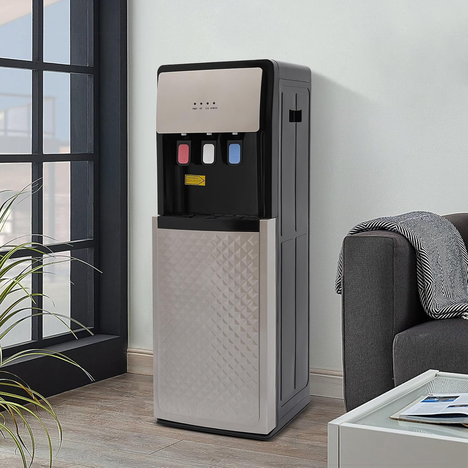 Bottom Loading Water Cooler Dispenser, Storage Cabinet Drinking Fountain Hot & Cold Standing Water Dispenser with Anti-Scalding Design Safety Lock for Home Office (Silver Grey)