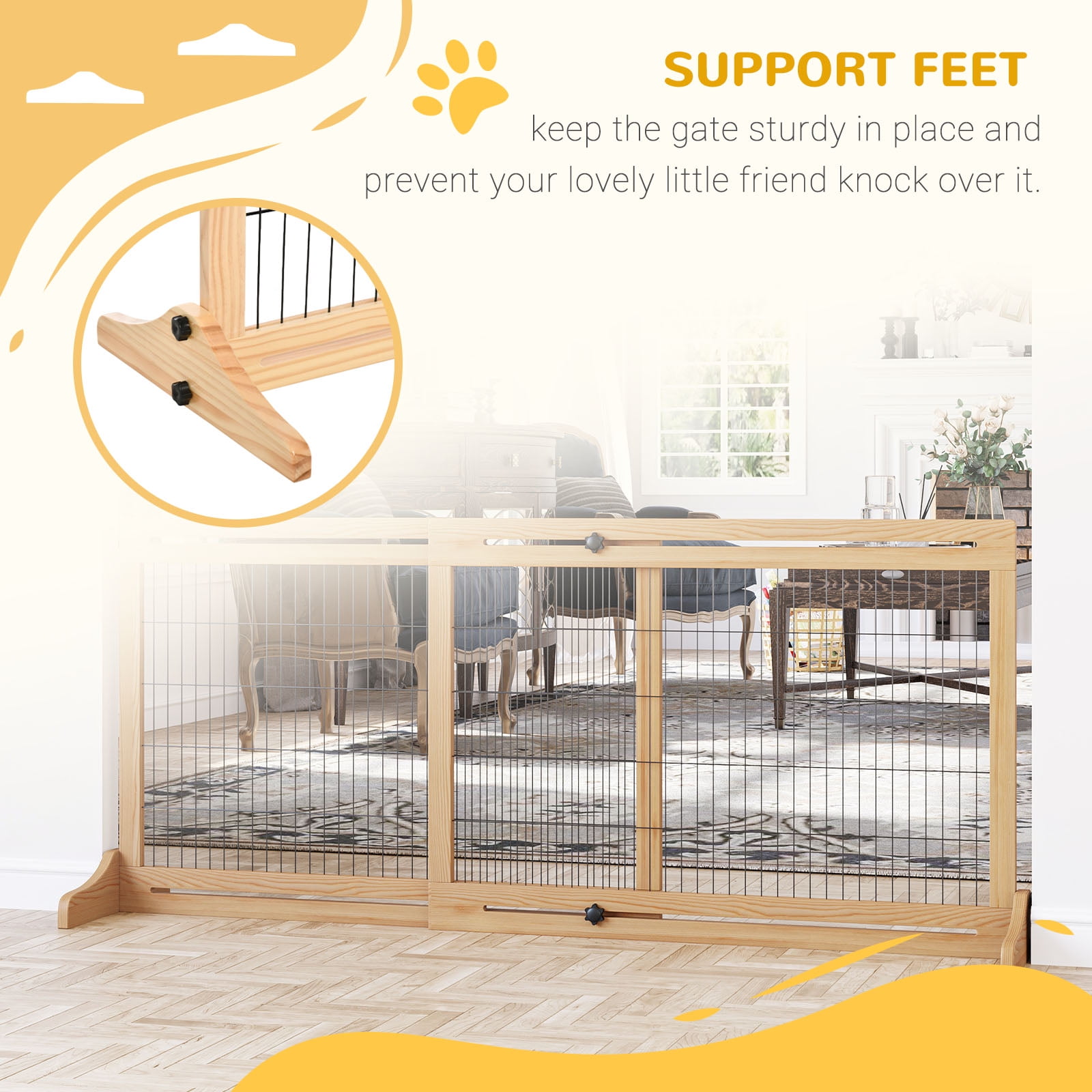 PawHut 71" Slide-Adjust Freestanding Pet Gate for Small Dogs Indoor, Retractable Wooden Puppy Dog Gate for House, Doorway, Hallway, Natural