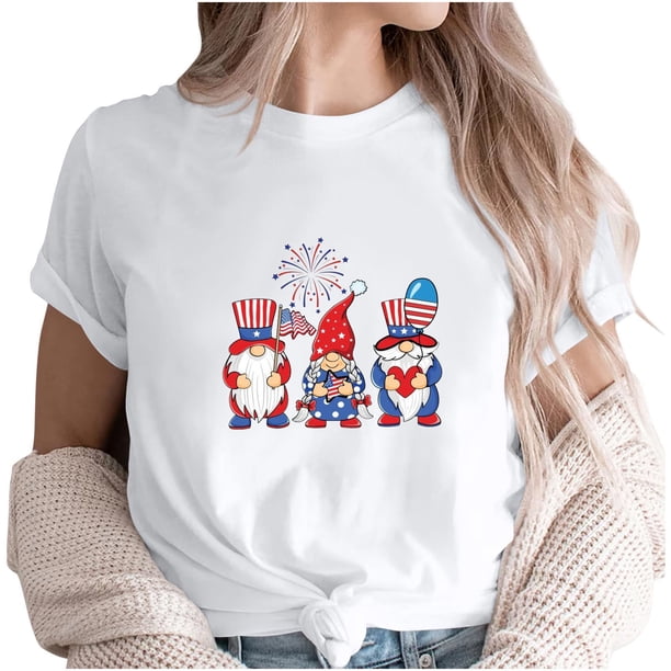 Camiseta de Cuello de la Tripulación de la Impresión Del Día de la Independencia de las Mujeres, Camiseta Casual Elegante para las Mujeres