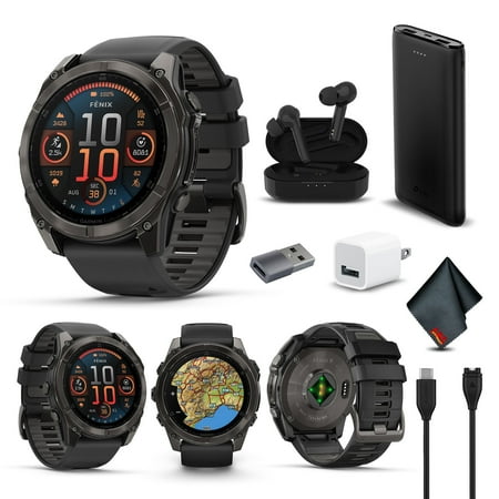 Garmin Fenix 8 51MM AMOLED Sapphire Multisport GPS Smartwatch Carbon Gray DLC Titanium with Black Gray Silicone Band, Built-in LED Flashlight, Fitness & Health Smart Watch Bundle for Men & Women