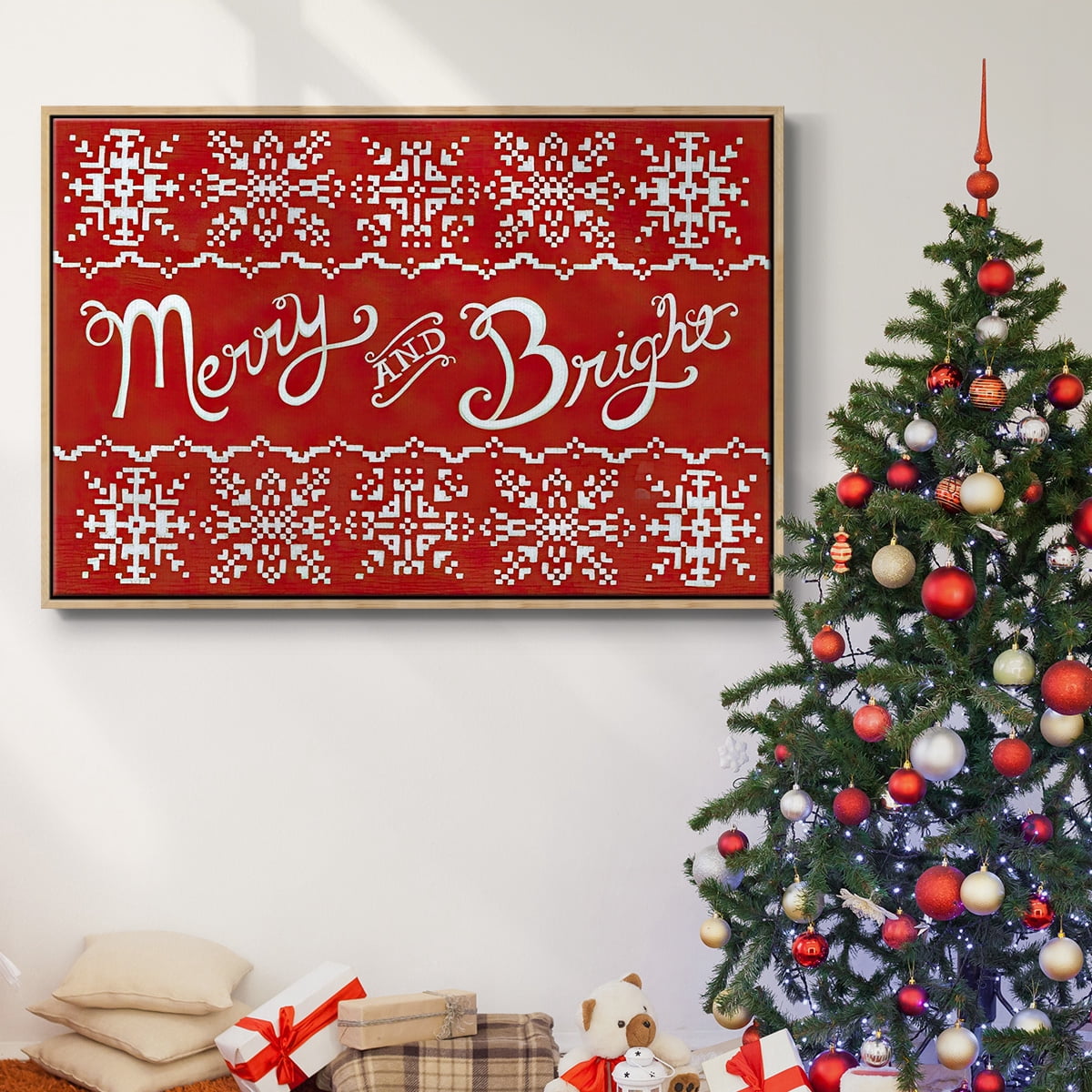 Fair Isle Snowflake I - Framed Gallery Wrapped Holiday Canvas - 27 x 41 - Natural Wood Frame