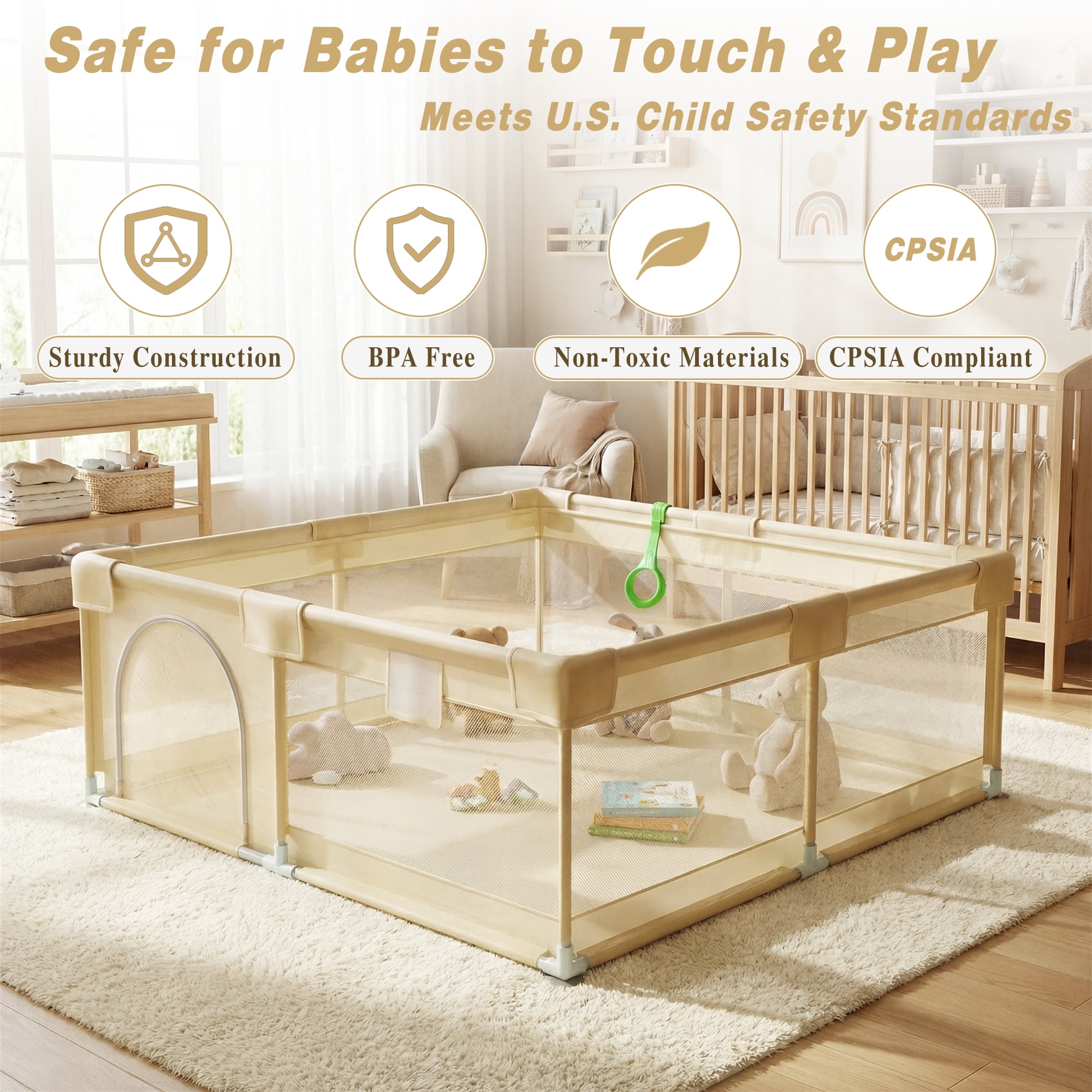 Easy4Home Extra Large Baby Playpen 71"x60" Toddler Play Yards Safety Fence, Beige