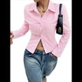 thumbnail image 3 of Camisa Corta A Rayas con Botones y Larga Ajustada para Mujer, Blusa de Trabajo Rosa XL, 3 of 9