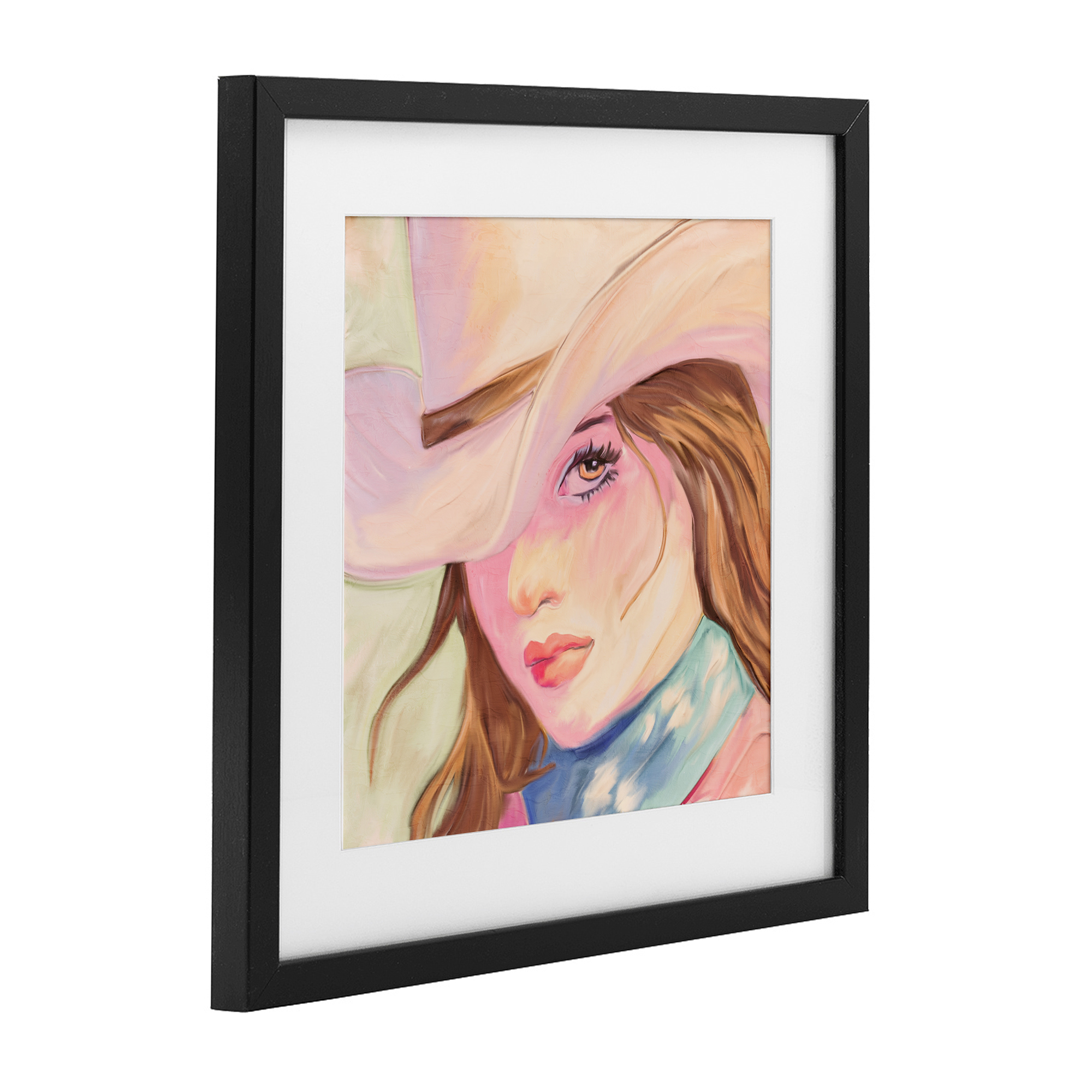 Pastel Cowgirl Brunette Black Framed Print Under Glass, design by Kim Allen