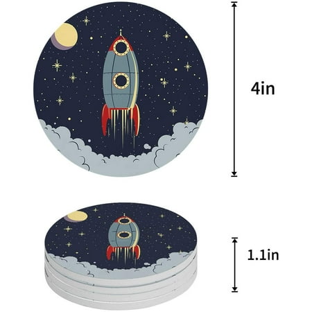 

ZHANZZK Space Exploration Cartoon Spaceship Rocket Pattern Set of 6 Round Coaster for Drinks Absorbent Ceramic Stone Coasters Cup Mat with Cork Base for Home Kitchen Room Coffee Table Bar Decor