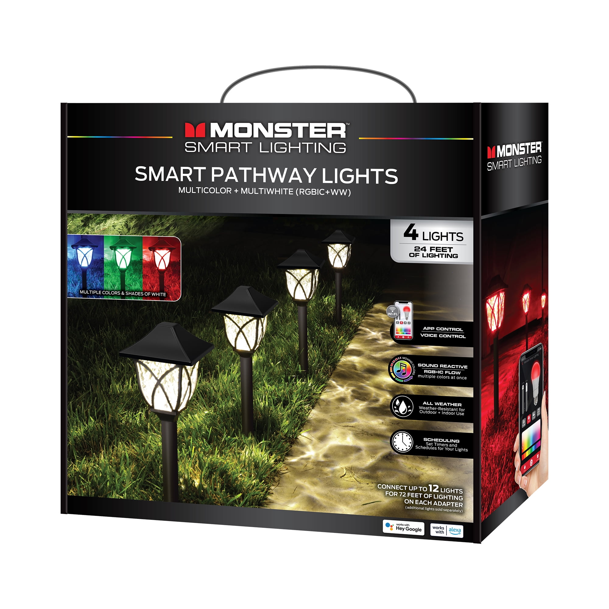 Monster Pathway Lights Outdoor Smart 4-Pack, Multiwhite Landscape Lights, Wi-Fi App & Voice Control, Weather-Resistant, 24ft Corded