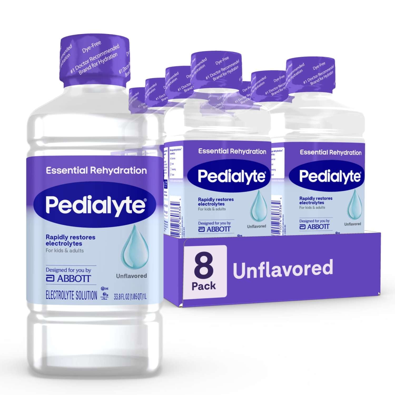 Pedialyte Essential Rehydration Electrolyte Drink, Unflavored, 1 Liter, Pack of 8
