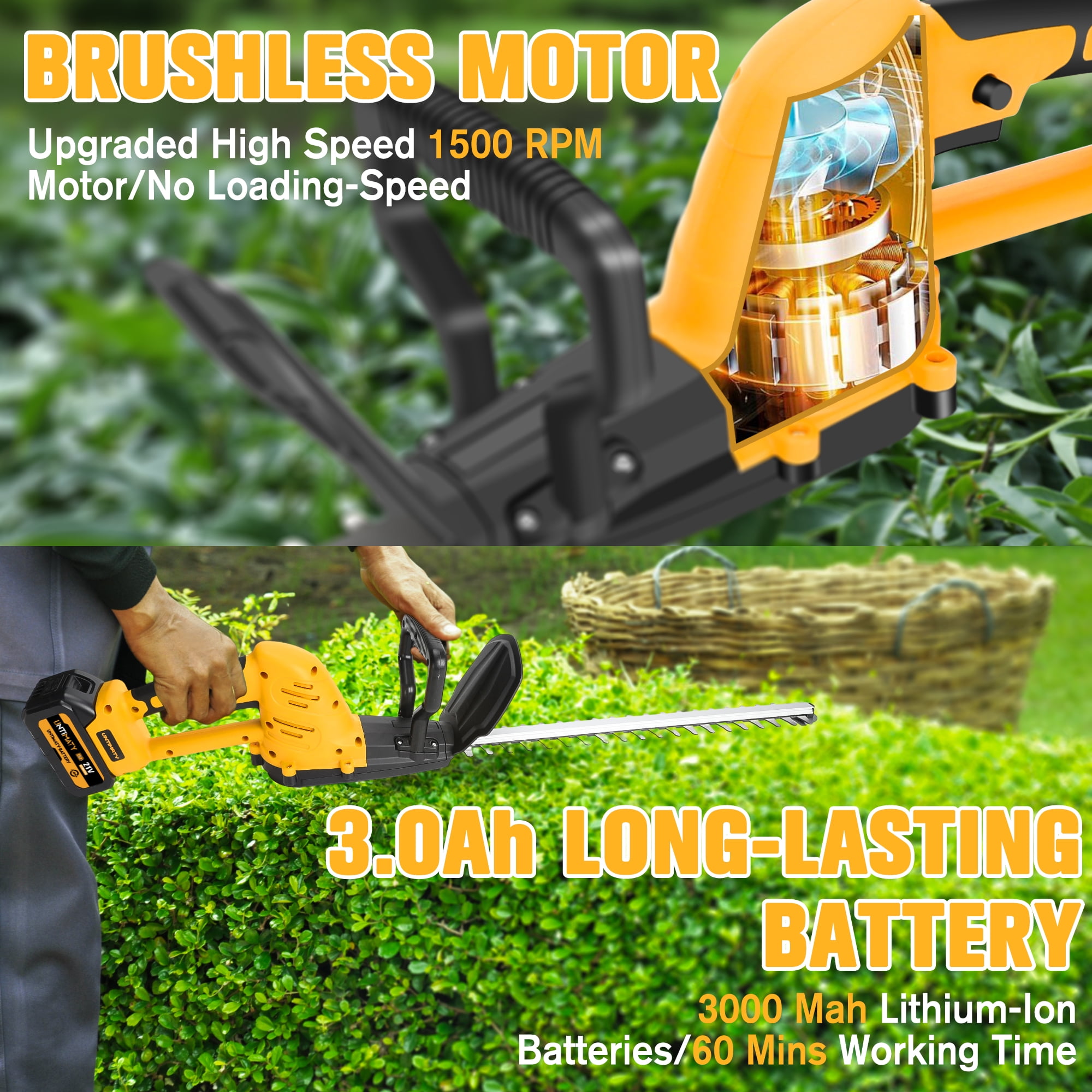 Hedge Trimmer Cordless, UMTIMATY 21V Electric Hedge Trimmer with 3.0Ah Battery and Charger for Bush Shrub Cutting, Trimming, Yellow