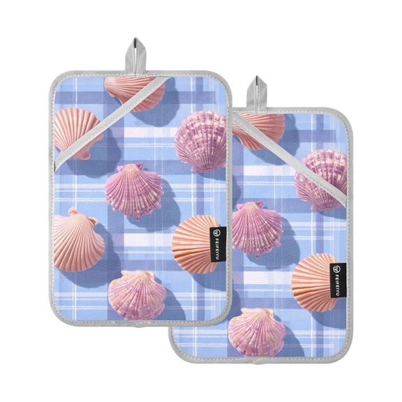 Blue Plaids with Shells Potholders Heat Resistant Pot Holder Set of 2 Oven Hot Pads with Pocket