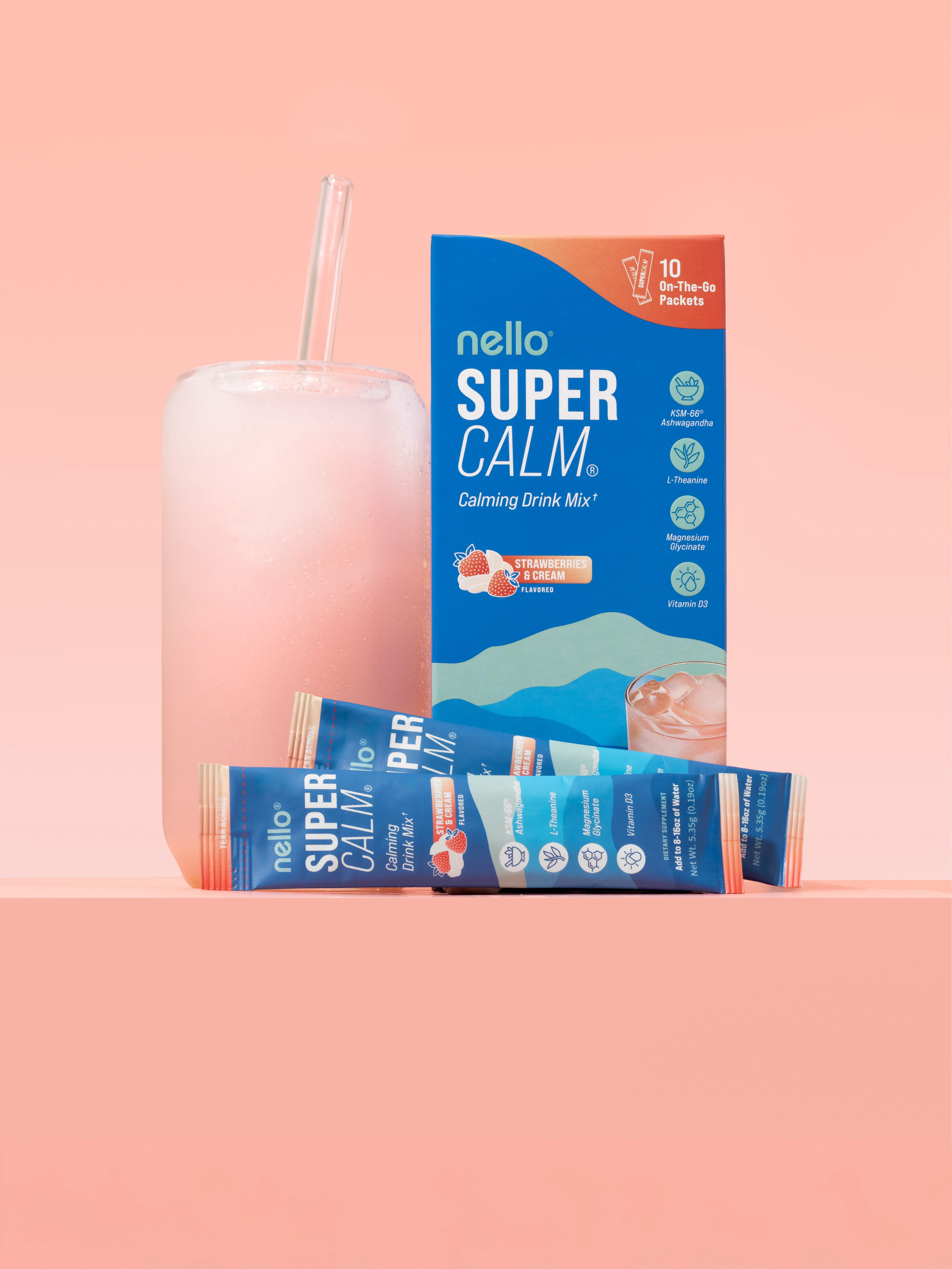 Nello Supercalm Calming Drink Mix Packets, Strawberries & Cream, 1.5 oz, 10 Count
