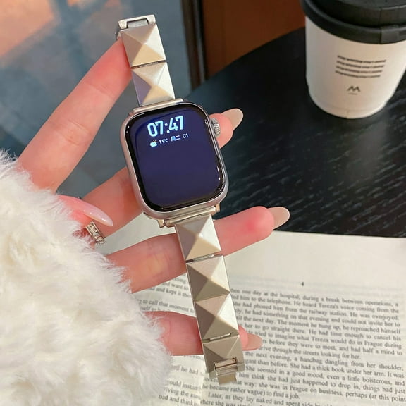 Compatible with Apple Watch 38/40/41/42mm(S10),Small Rhombus Design,For Women Men,Metal Bracelet Replacement Adjustable Slim Simple Wristband Strap Band For Apple Watch,Starlight