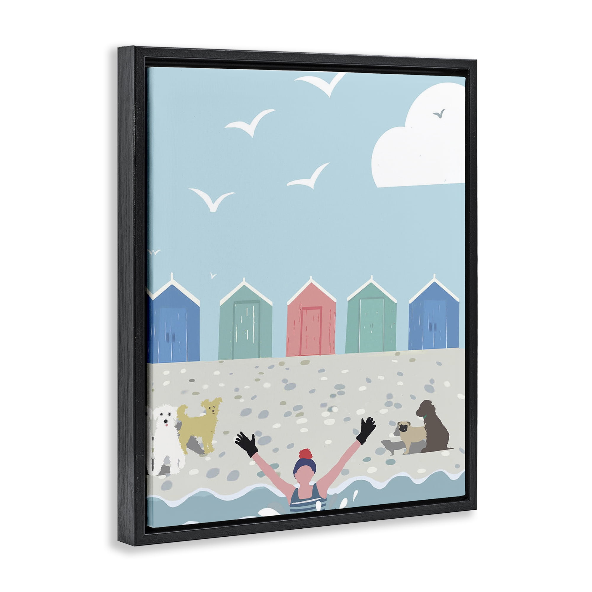 Stupell Industries Dog Friends on Beach Nautical & Beach Painting Black Floater Framed Canvas Art Print Wall Art, 17 x 21