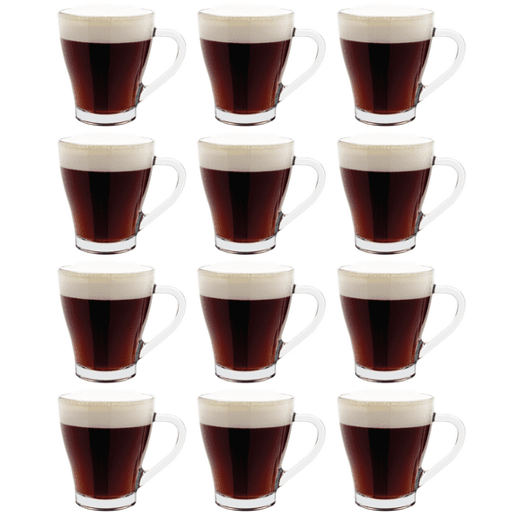 Madison 9 Ounce Glass Coffee Mugs, Thick and Durable, For Coffee, Tea, Cider, etc., Great for Layered Drinks, Microwave and Dishwasher Safe, Set of 12 Clear Glass Mugs, 3.4” Diameter x 3.8” Tall