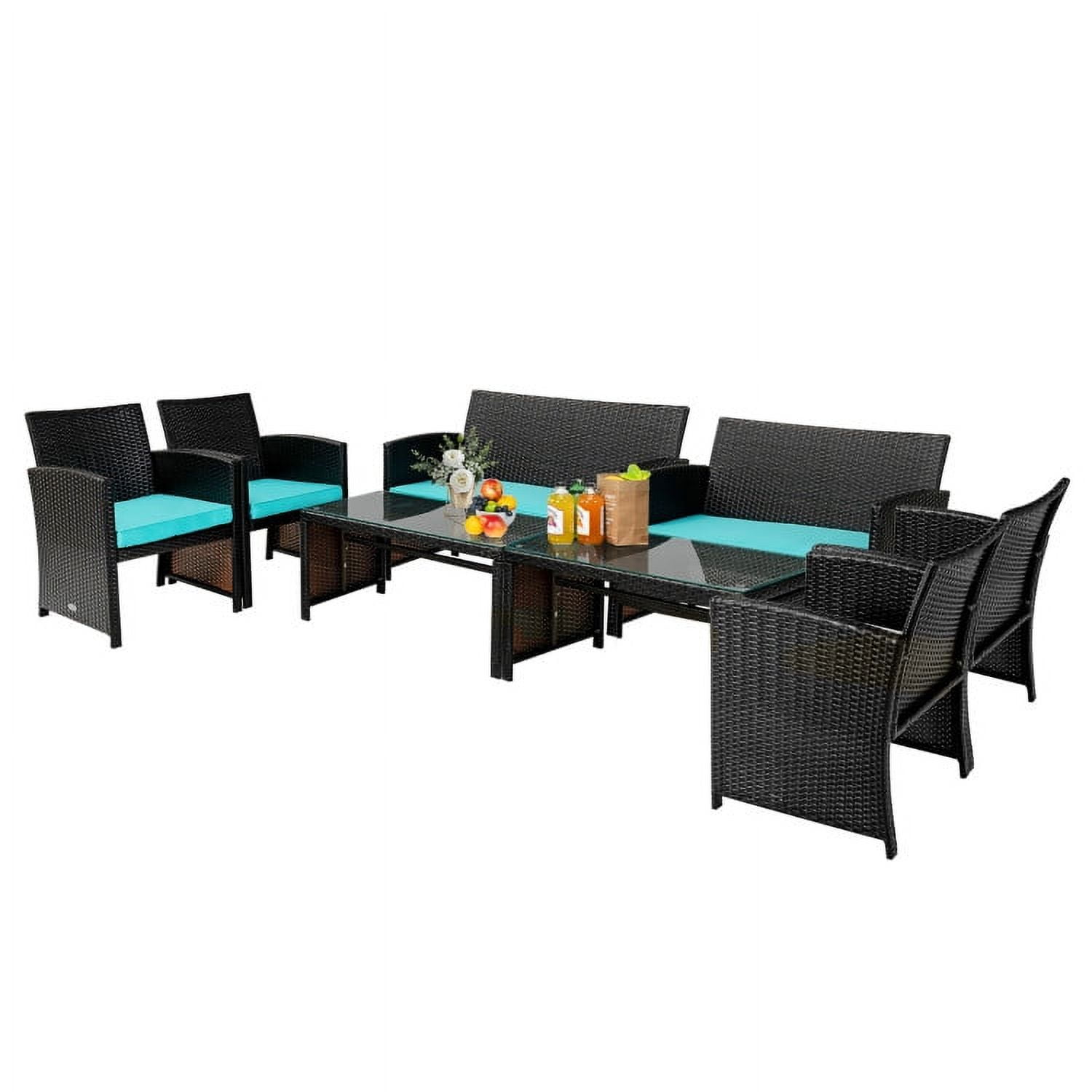 Aimee Lii 4 Pieces Wicker Patio Furniture Set, Coffee Table Cushioned Sofa, Modern Patio Furniture, Turquoise Aimee Lii 4 Pieces Wicker Patio Furniture Set, Coffee Table Cushioned Sofa, Modern Patio Furniture, Turquoise