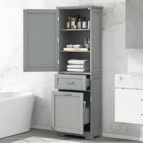 ECOBUY Tall Bathroom Storage Cabinet with Adjustable Shelf and 2 Drawers, Grey MDF Painted Finish, 20 x 13.5 x 68.4 in