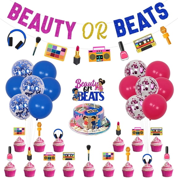 Beauty or Beats Gender Reveal Decorations Kit Funny - Beauty or Beats Banner, Garland, Cake & Cupcake Toppers for Retro 80s 90s Hip Hop Themed He or She Baby Shower Supplies Hot Pink and Blue