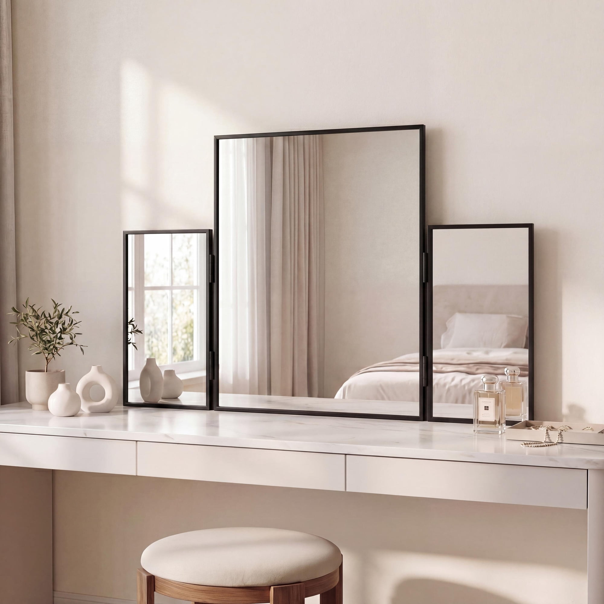 JONATHAN Y Orthos Aluminum 3-Way Trifold Vanity Mirror 30" x 20" Black Rectangular Metal Framed Adjustable Mirror for Tabletop and Wall Mount Modern Glam for Dressing Room and Bedroom MIR219A