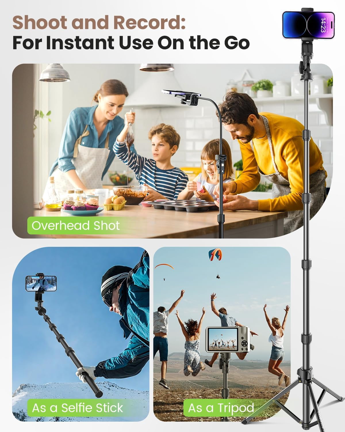 82" Phone Tripod Stand with Gooseneck, Remote and Holder, Selfie Stick & Overhead for Recording/Cooking/Fitness/Vlog, Compatible iPhone Android Samsung, Camera