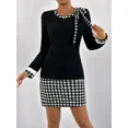 thumbnail image 4 of OYYN Dresses for Women Fashion Black Houndstooth Patchwork Long Sleeve Bodycon Mini Dress Elegant Tie Neck Sheath Dress for Office Work Date Night, 4 of 7