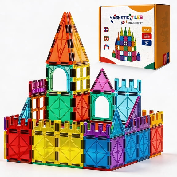 60PCS Magnetic Tiles Building Set, Magnetic Blocks for Kids, Educational Construction Toys, Sensory Magnet Toys Magnetic Tiles Set for Kids Boys Girls