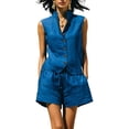 thumbnail image 3 of VBVC Women's Linen Sleeveless Vest 2 Piece Short Sets , Summer Vacation Matching Outfits For Women , Ladies' Stand Collar Button Suit Sets with Pockets,Blue,S-2XL, 3 of 6